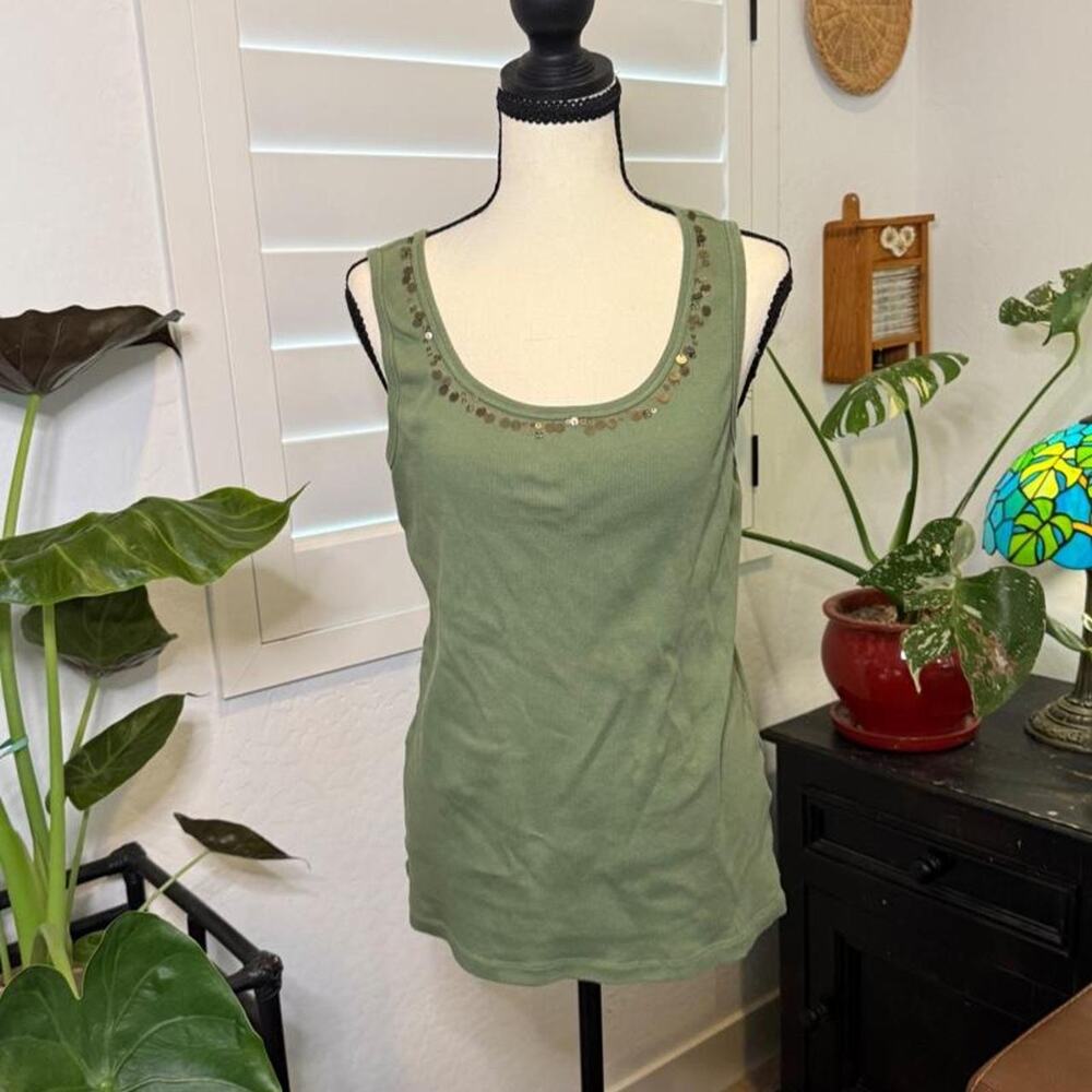 Y2K Fairy Sonoma Sage Green Embellished Scoop Neck Tank Top Large